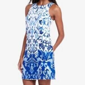 Lauren by Ralph Lauren Size 8 Crepe Blue & White Design A-Line Dress